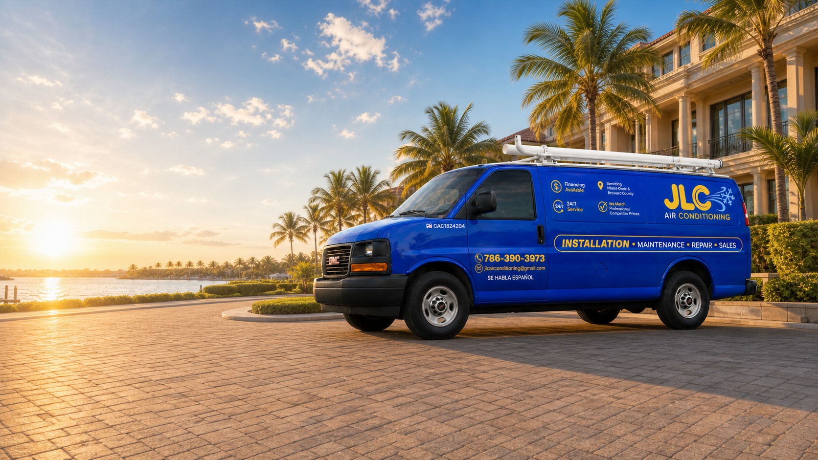 JLC Air Conditioning service van arriving at a South Florida home