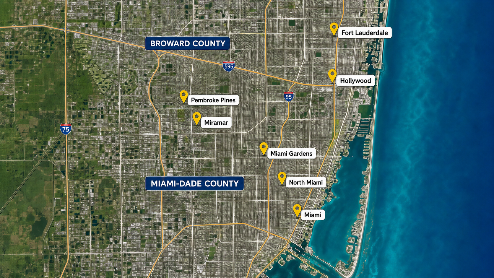 Map of JLC Air Conditioning service areas in Broward and Miami-Dade